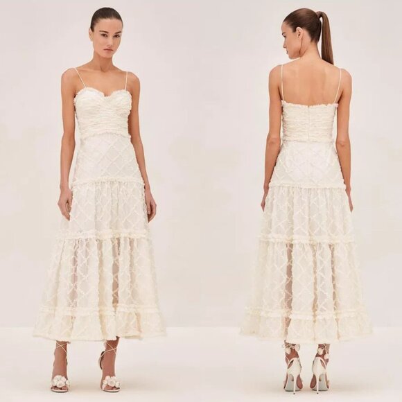Alexis Rasa Dress Natural Ivory Midi Tiered Fringe Size L - Picture 2 of 12